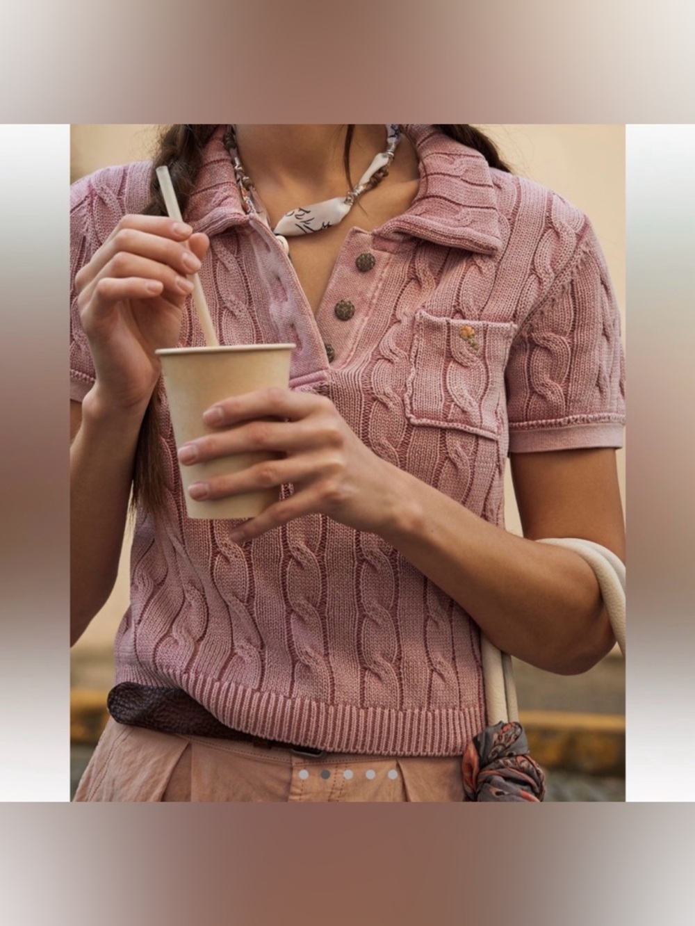 Free People Pink Cable Knit Polo Top NWOT